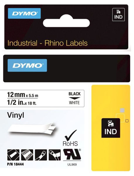 Picture of Dymo RHINO 18444 Permanent Polyester Black on White 12mm